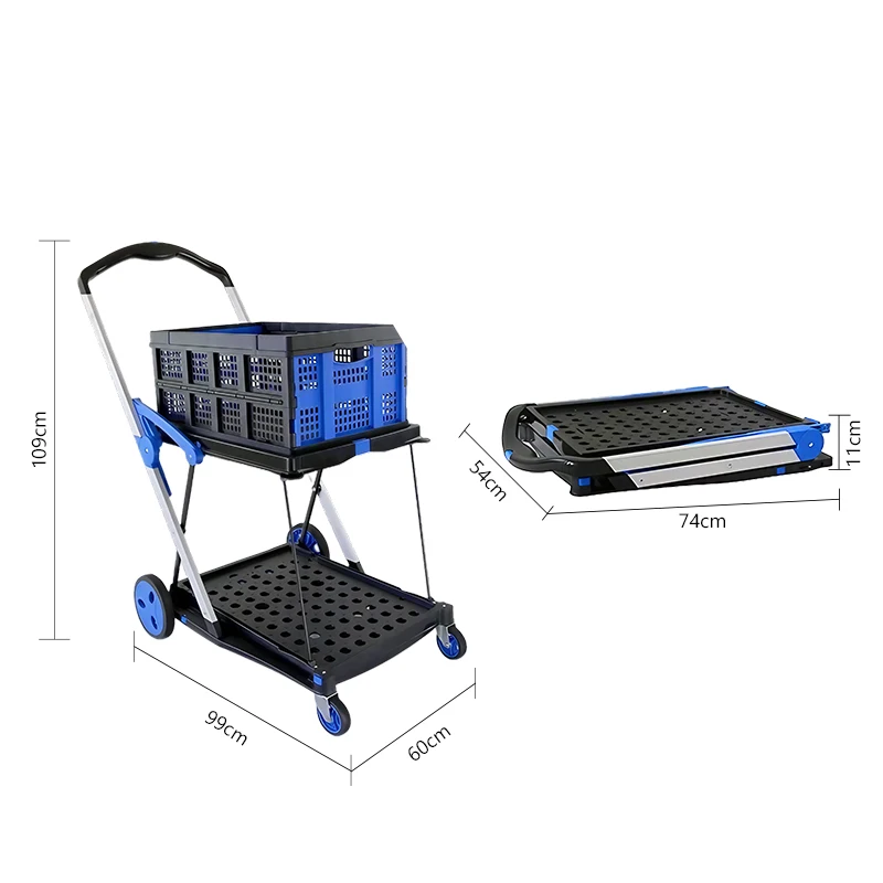

Double Decker Design Mobile Folding Cart Foldable Cart Grocery Trolley Shopping Cart Two Tier Collapsible With One Crate