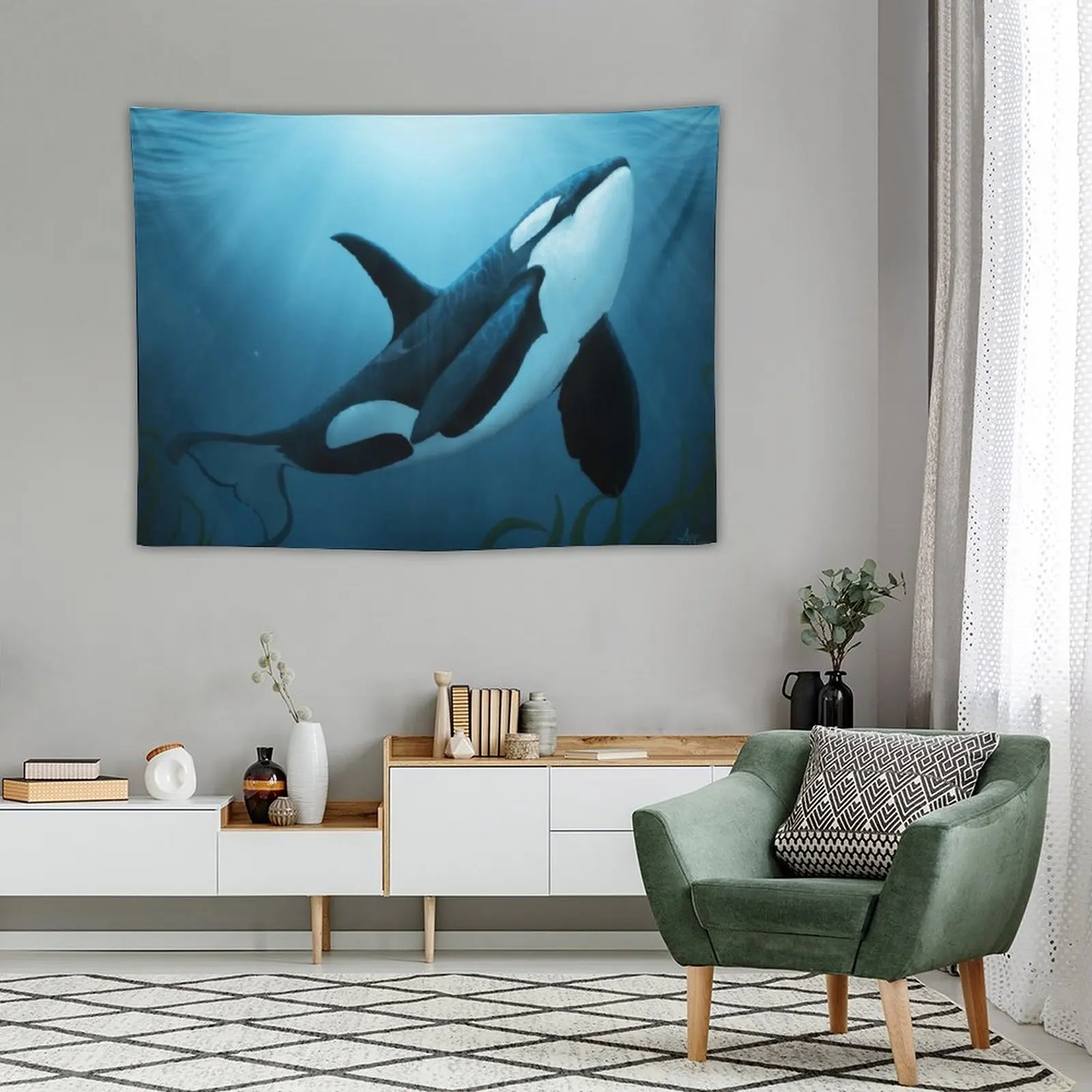 The Dreamer by Amber Marine ~ (Copyright 2015) orca art / killer whale digital painting Tapestry arazzi da parete arazzo