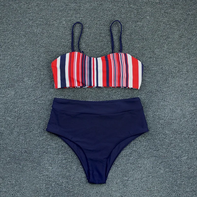 Summer Women Sexy Bikini Swimwear Women Loose Size Bikinis Set Swimsuit Stripe Printing Bathing Suit Two-piece Set Swimsuit