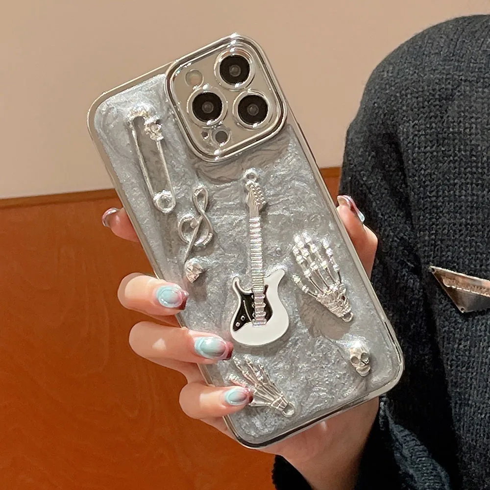 3D Guitar Skull Callous Phone Case For iPhone 12 13 14 11 15 Pro Max X XR TPU Plating Bling Cover For iPhone 14Pro 13 Pro Max Xs