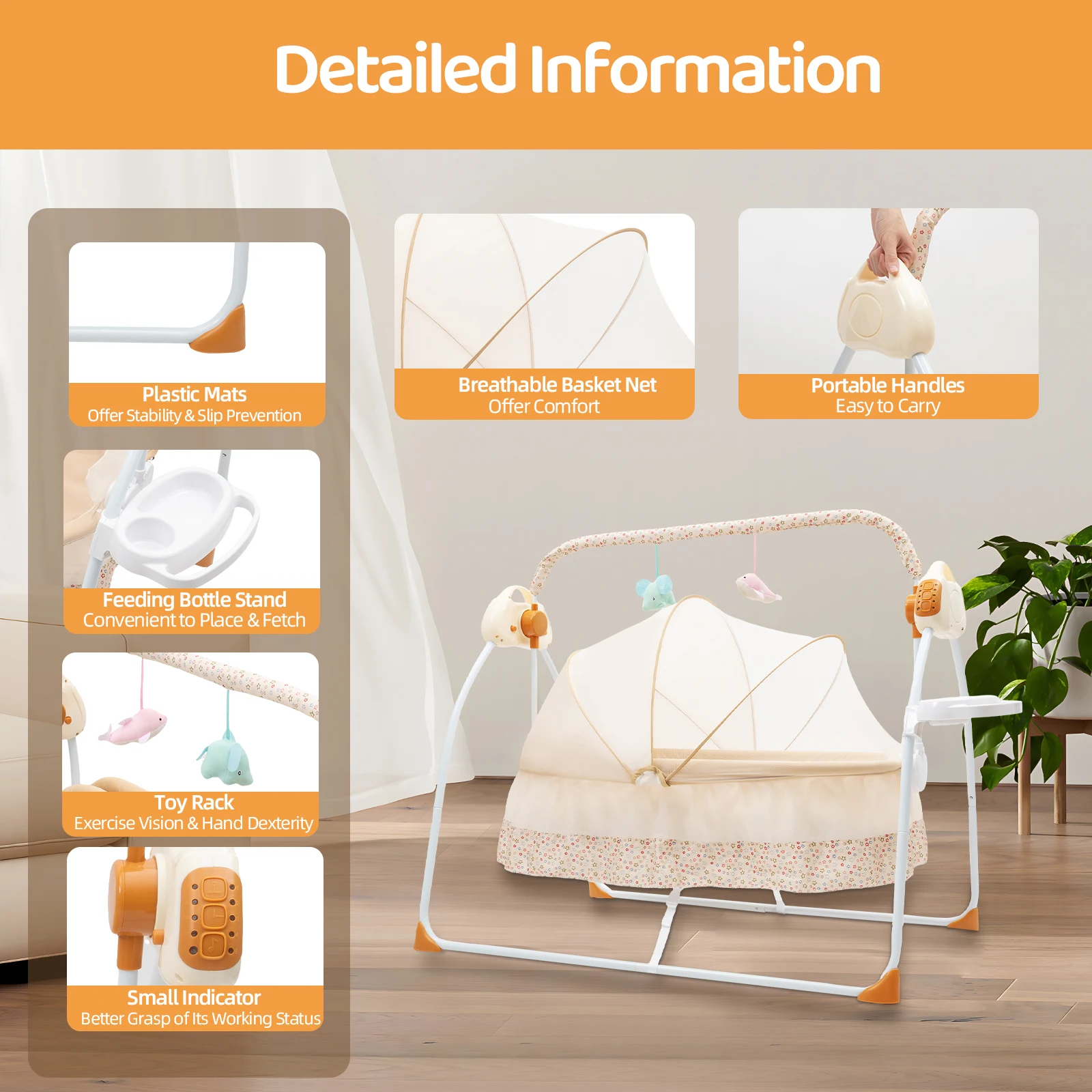 Khaki Electric Baby Cradle 0 - 18 Months 5 Swing Gears 4 Timing Options 5m Remote Control Detachable Foldable 25kg Load Capacity