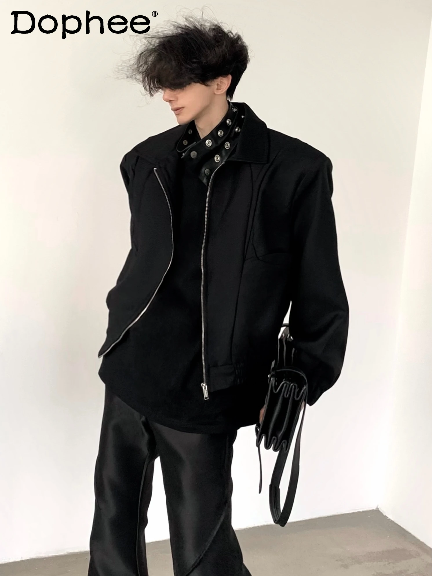 

Fashion 2024 Autumn New Short Shoulder Pads Jackets Men's High-end Trendy Handsome Coats Solid Color Long Sleeve Zipper Jacket