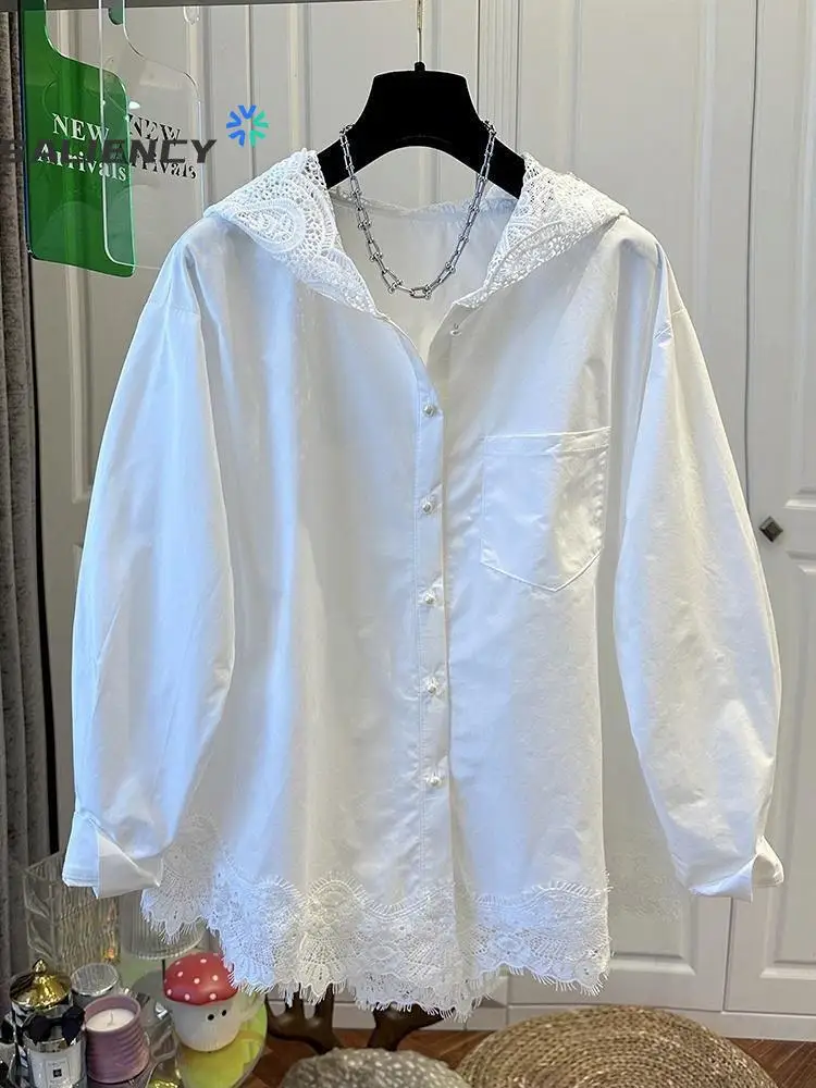 

SALIENCY Fashionable Patchwork Hooded Lace-Hem Long-Sleeve Blouse for Women Stylish Design Shirt Loose Spring & Autumn
