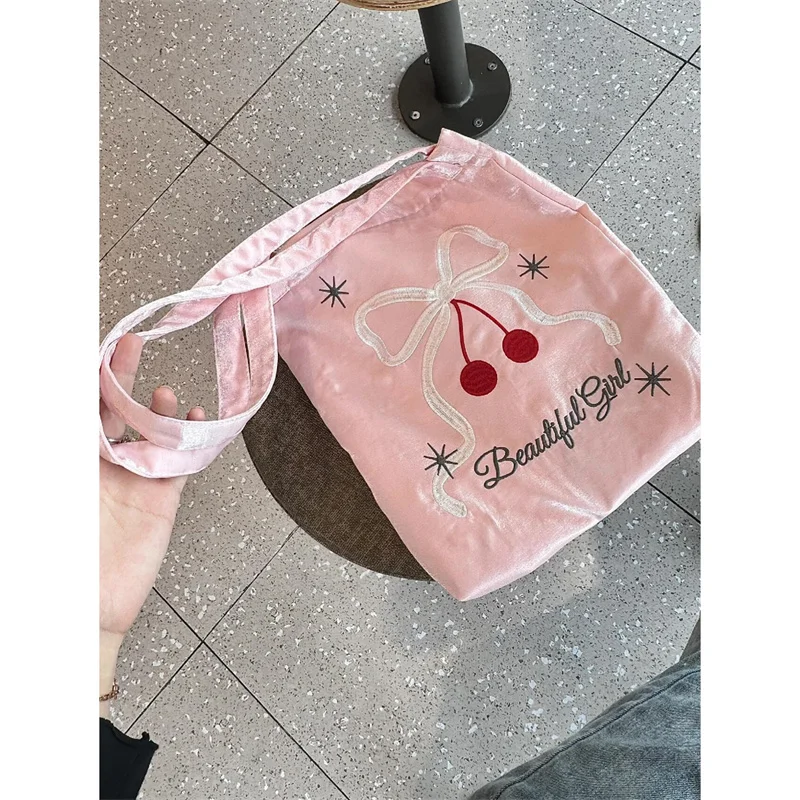 Miyagawa Korean Style Pink Canvas Bags for Girls Cute Cherry Bow Embroidered Single Shoulder Bag 2024 Summer Handbag