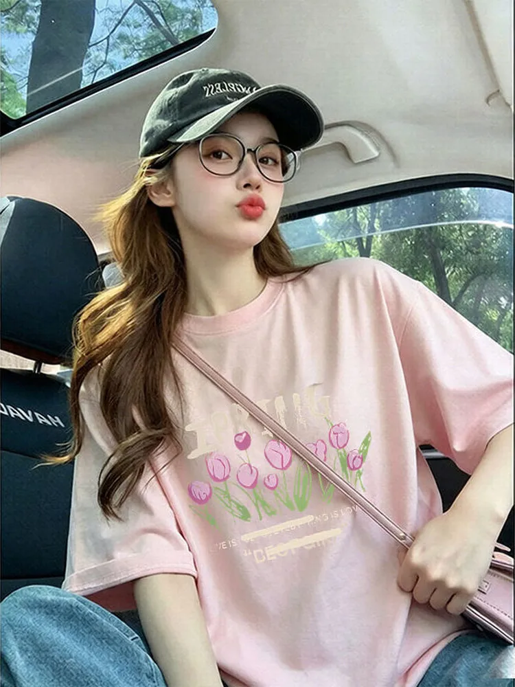 Extra Large 300 Pounds Retro Floral Letter Short Sleeve T-Shirt Women Summer Sweet Loose Casual Anti-aging Top Cotton Polyest...