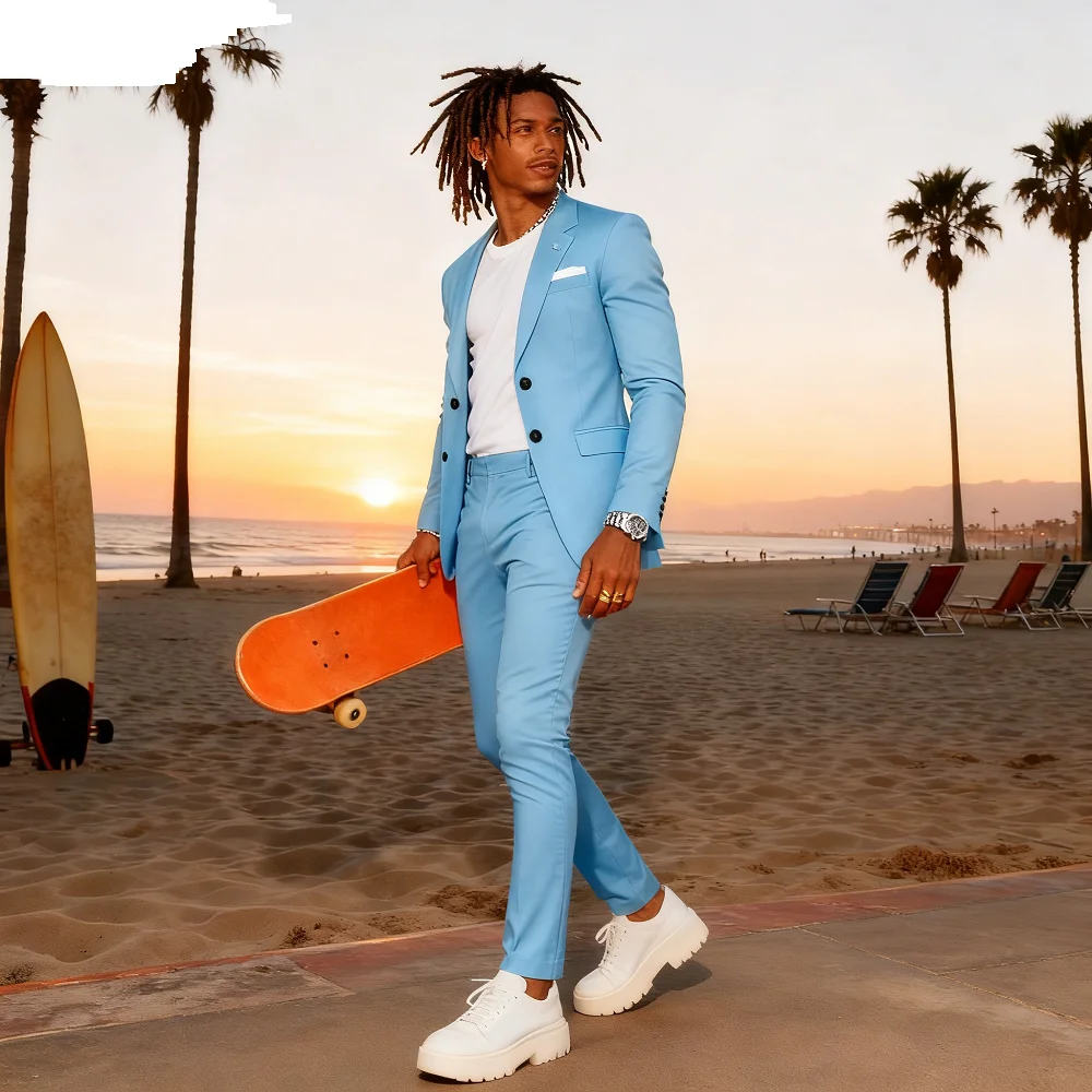 

Two-Piece Casual Slim Fit Business Suit Set Notch Lapel Unique Chest Jacket Groomsmen Smoking Wedding Tuxedo Ensemble