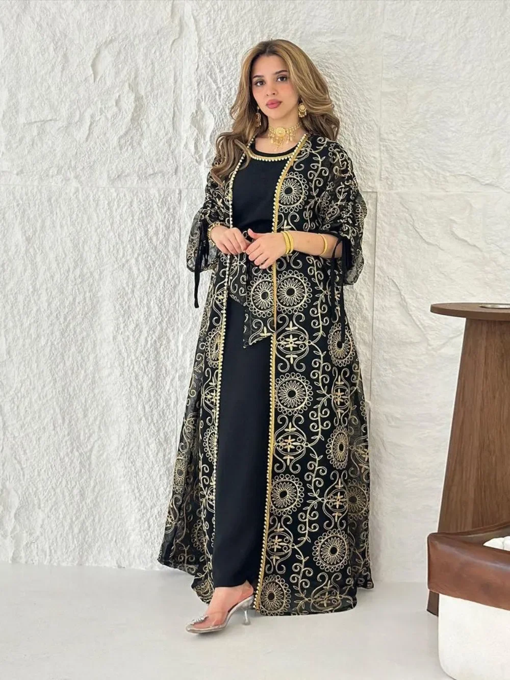 Eid Muslim Abayas for Women Party 2 Piece Set Embroidery Cardigan Robe Lace Up Dress Morocco Kaftan Islam Ramadan Dubai Vestidos