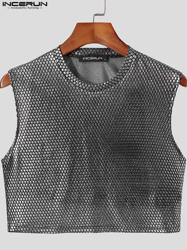 INCERUN Fashion Men Tank Tops Patchwork Shiny O-neck Sleeveless Crop Tops See Through Back Streetwear Party Nightclub Vests Men