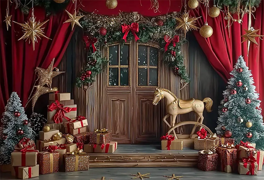 Mehofond التصوير خلفية عيد الميلاد لعبة الحصان طفل حفلة عيد ميلاد عيد الميلاد ستارة الباب الخشبي هدية ديكور خلفية استوديو الصور