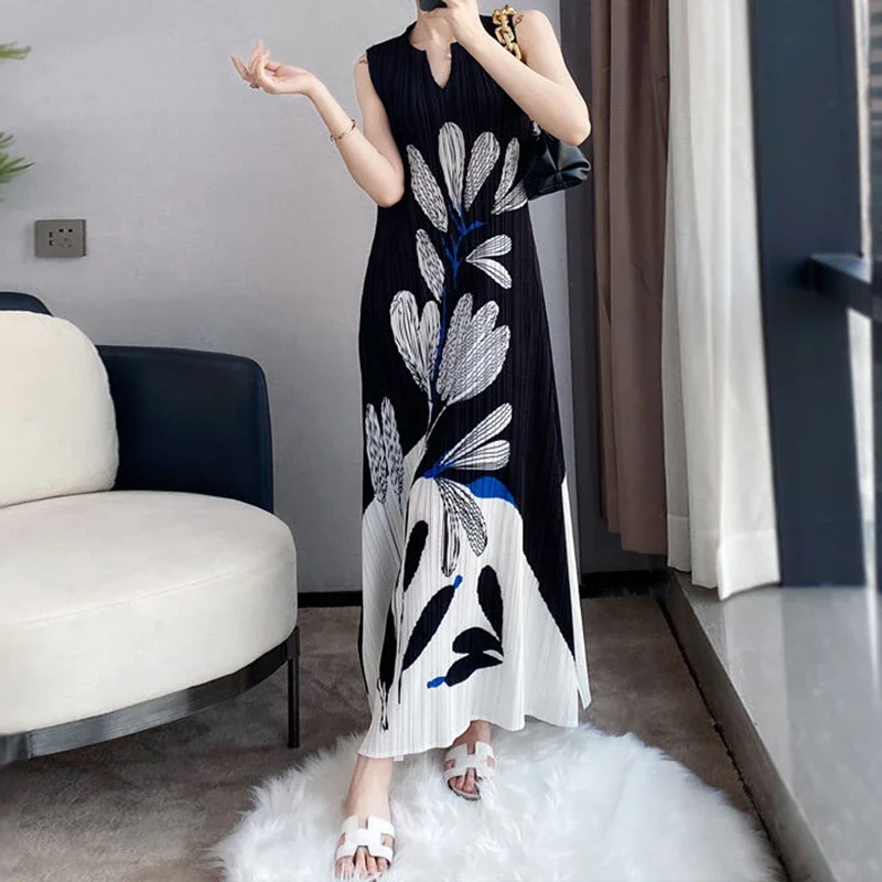 فساتين طويلة بدون أكمام مطبوعة بالحبر مطوي فستان طويل لصيف 2025 فستان نحيف جديد فستان طويل من فيستدوس دي فييستا