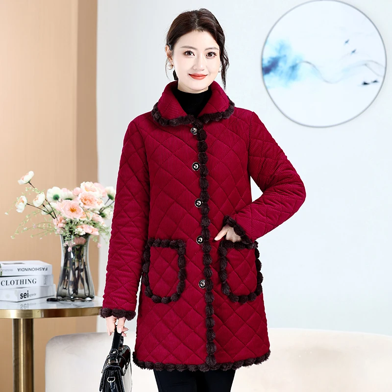 

Теплая вельветовая куртка на флисовой подкладке для мам, средней длины, свободного кроя, модная хлопковая верхняя одежда для женщин среднего возраста