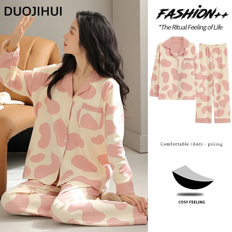 DUOJIHUI Contrast Color with Chest Pad Pajamas for Women Fashion Cardigan Basic Pant Loose Chic Pocket Simple Female Pajamas Set