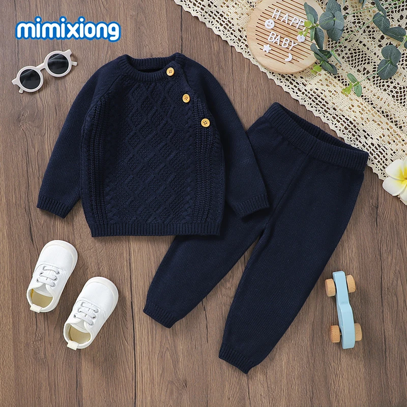 Winter Baby Boy Clothes Sets Autumn Navy Crew Neck Long Sleeve Knit Sweaters Pullovers+Trousers Sport Suit for Infant Tracksuits