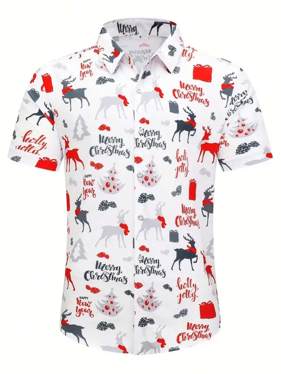 

Mens Christmas Reindeer Gift Tree Print Casual Short Sleeve Button Down Shirt