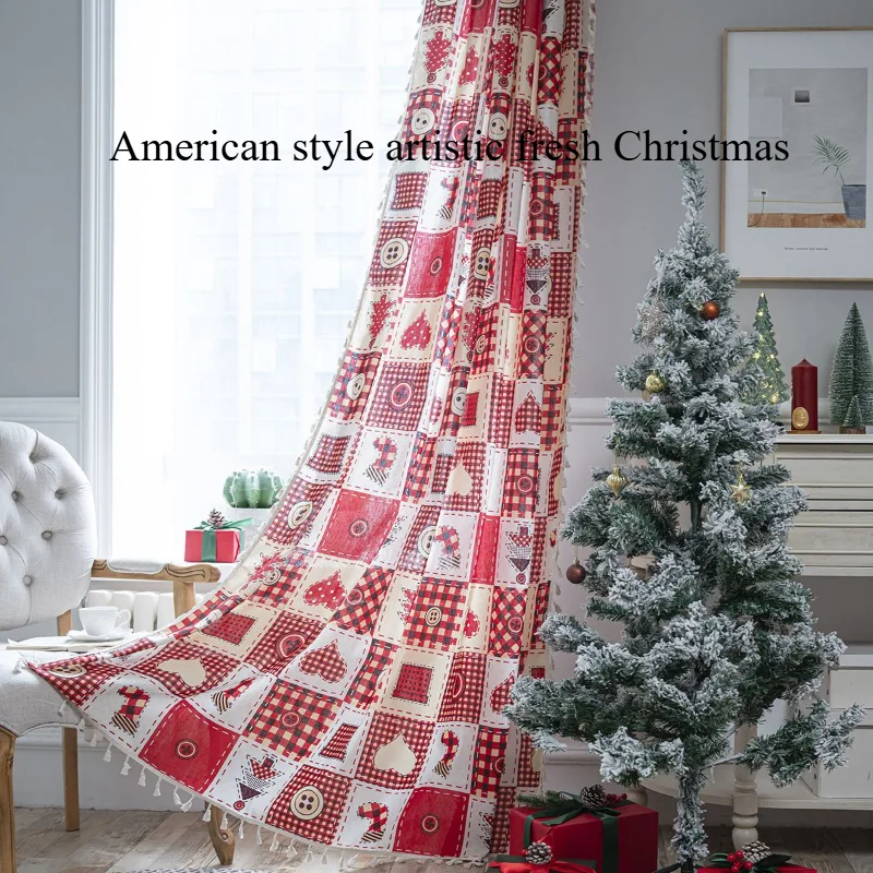 American Style Artistic Christmas Curtains for Living Room Elements Grid Pattern Hanging Curtains Festive Semi Kitchen Curtains