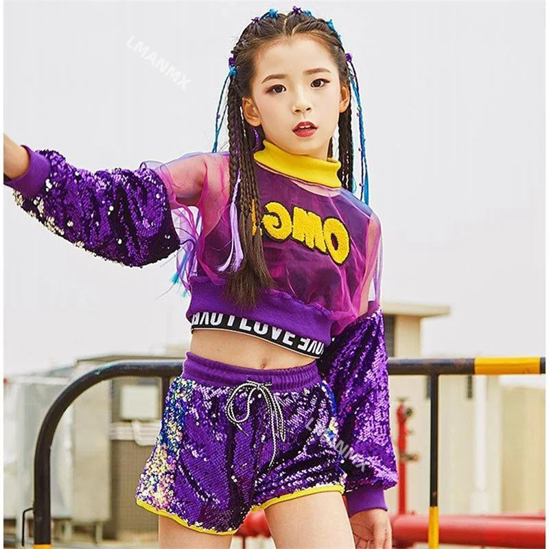 3pcs Set Girl Jazz Dance Costume Children Street Hip hop Dance Girl Jazz Stage Sequin Girl Jazz Dance Costume for Girls