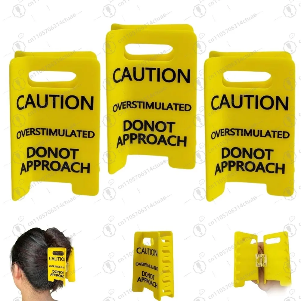 

Overstimulated Hair Claw Clip with Do Not Approach Sign, 3-Pack Funny Yellow Clips for Thick Hair & Gift Giving