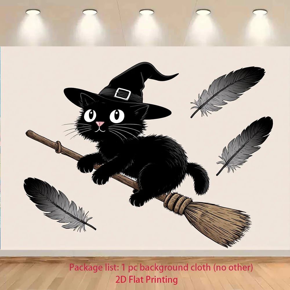 Cute Black Cat Witch Hat Broomstick Tapestry 2D Flat Halloween Cartoon Wall Hanging for KidsRoom BedroomParty Decor FabricPoster