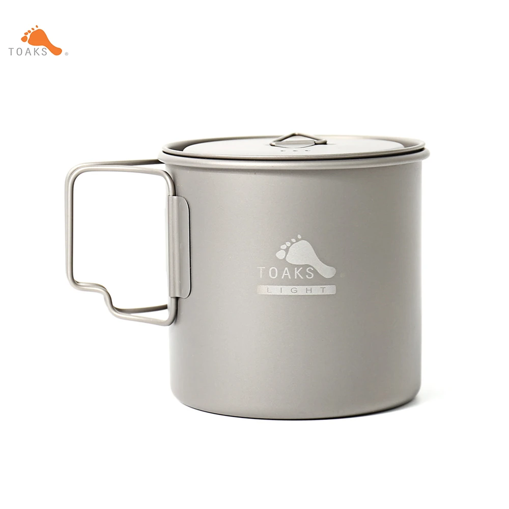 TOAKS POT-650-L Pure Titanium Ultralight  Cup  0.3mm Outdoor Camping Mug with Lid and Foldable Handle Hiking Cookware 650ml 80g