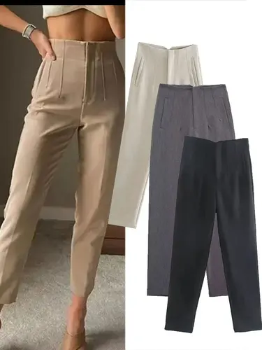 TRAFZA 2025, pantalones pitillo ajustados de Color sólido para oficina para mujer, pantalones pitillo de cintura alta con cremallera y bolsillo para ir al trabajo, ropa de calle