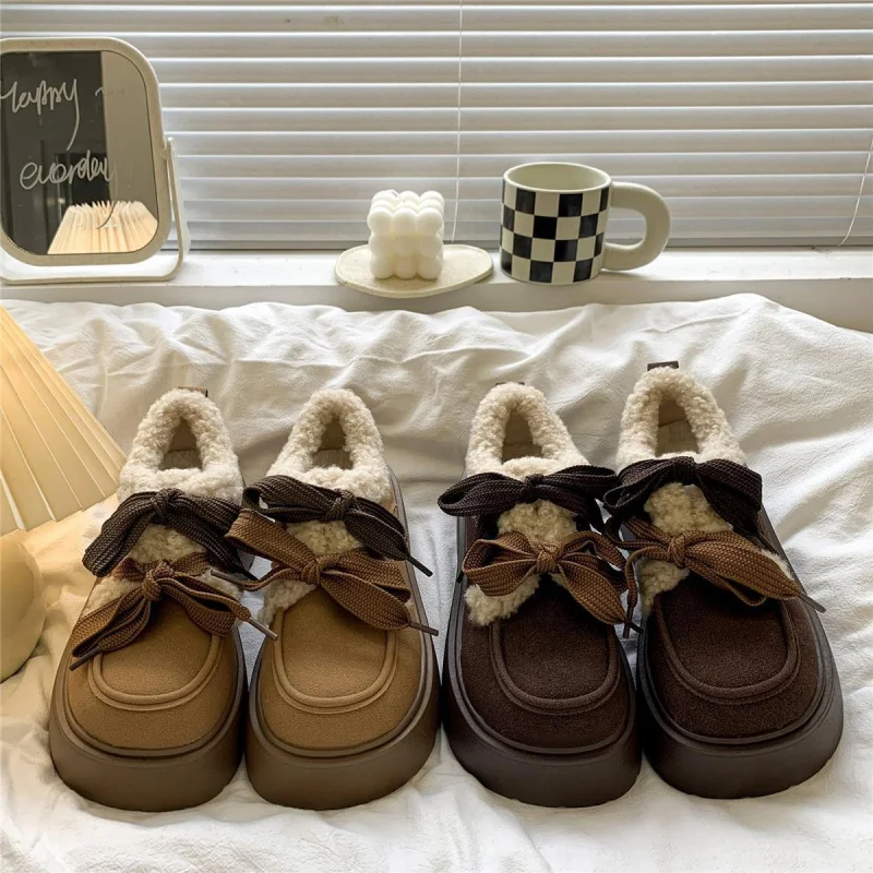 

2025 Winter Women's Retro Short Snow Boots Chunky Sole Plush Lined Loafers Cozy Faux Fur Slippers Comfortable Casual Shoes