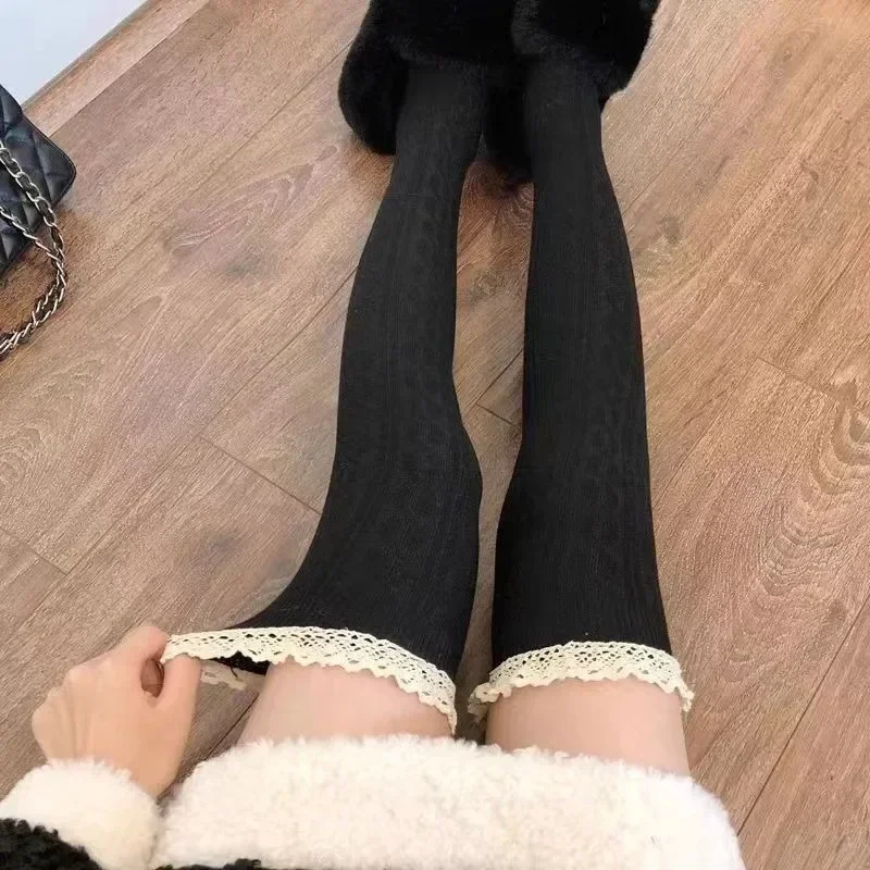 JK Lace Socks Lolita Lace Stockings Women Knitted Pattern Girls Cute Elegant Solid Color Winter Warmer Floor Hosiery