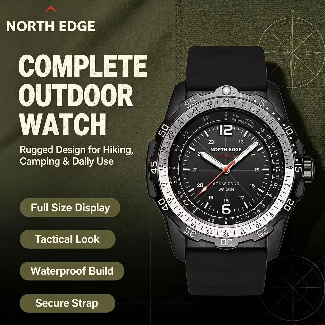 Luminous Solar Powered Men Wristwatch NORTH EDGE 50M Waterproof Silicone Strap Outdoor Adventure Diving Sport Watch For Men