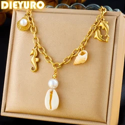 DIEYURO 316L Stainless Steel Golden Seahorse Dolphin Pearl Shell Necklace For Women Girl Fashion New Trend Jewelry Gift Joyas