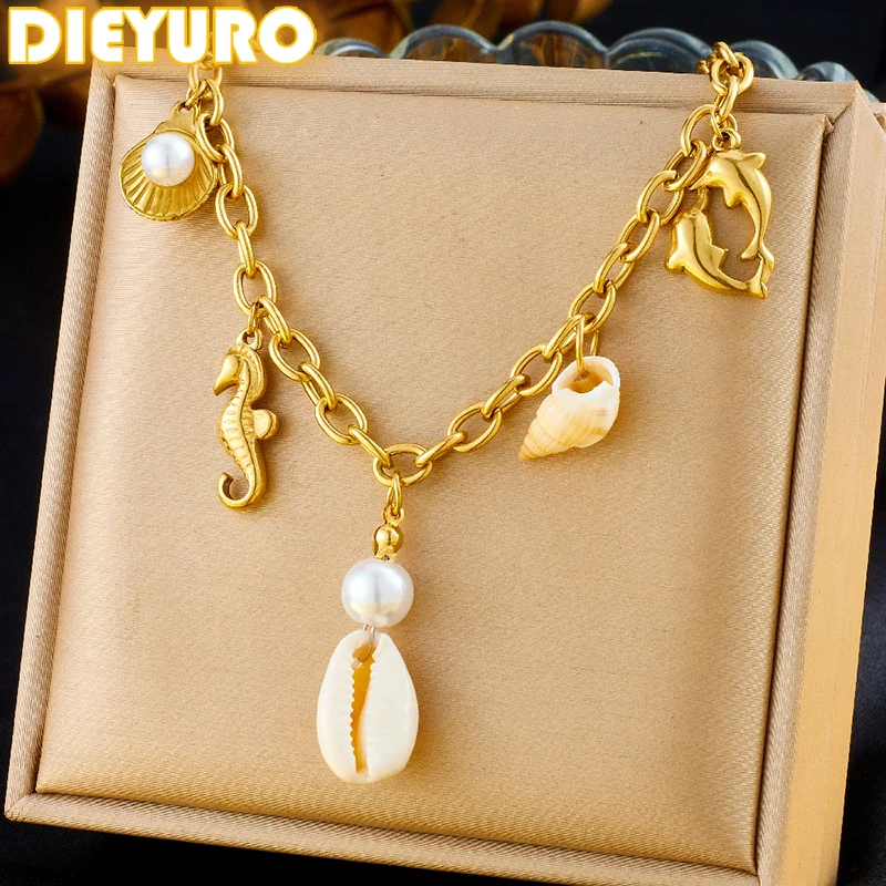 DIEYURO 316L Stainless Steel Golden Seahorse Dolphin Pearl Shell Necklace For Women Girl Fashion New Trend Jewelry Gift Joyas