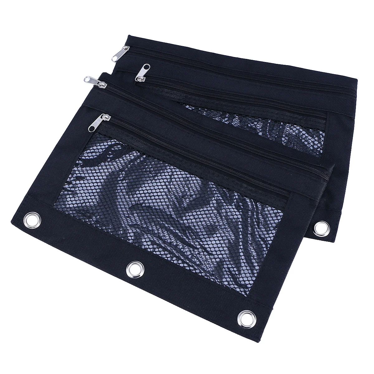 

2pcs Large Capacity Black Pencil Pouch with 3 Ring Canvas Portable B5 Double Zipper Stationery Bag