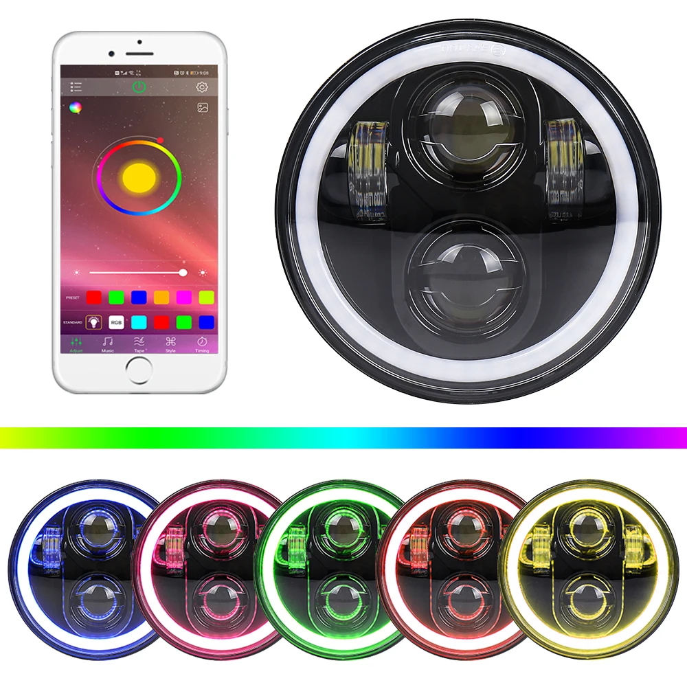 MOVOTOR 5.75 Inch RGB Headlight with White RGB Halo Blue tooth Remote Control for Ha