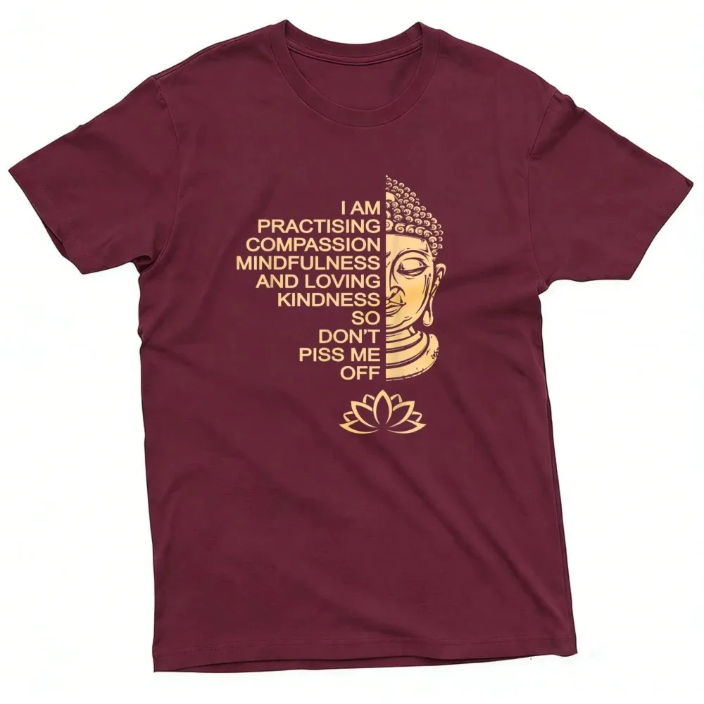 T-shirt pour homme avec tête de Bouddha et lotus, texte sur la compassion et la pleine conscience, style streetwear décontracté pour un usage quotidien, t-shirt unique