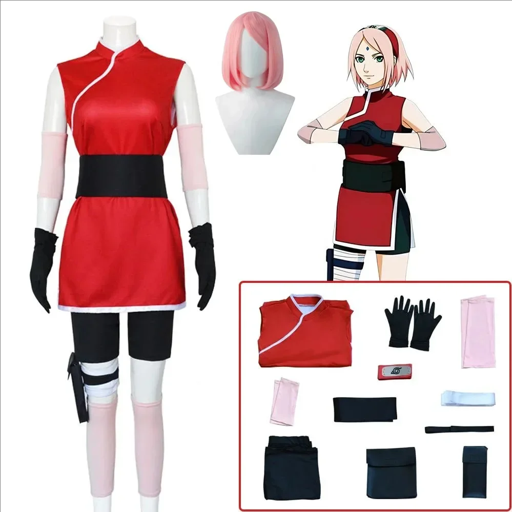 Disfraz de Anime Haruno Sakura para Mujer y Niña, Falda, Traje Unisex de Ninja, Disfraz de Dibujos Animados para Halloween y Carnaval
