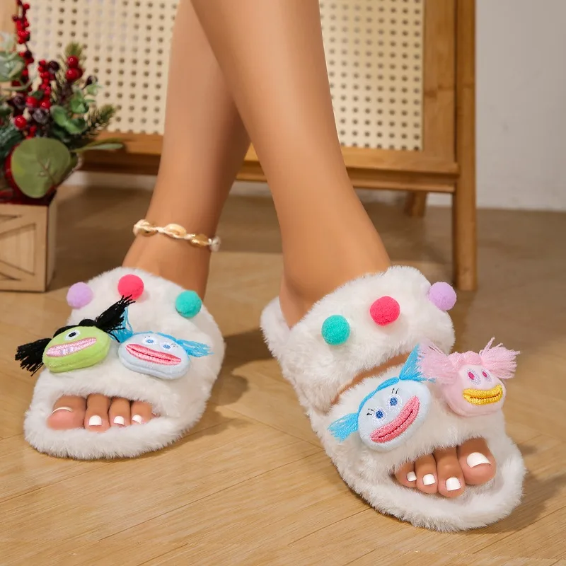 Fashion Ladies Shoes 2024 Winter New Funny Cartoon Women's Slippers Plush Warm Indoor Slippers Casual Comfortable Flat Slippers