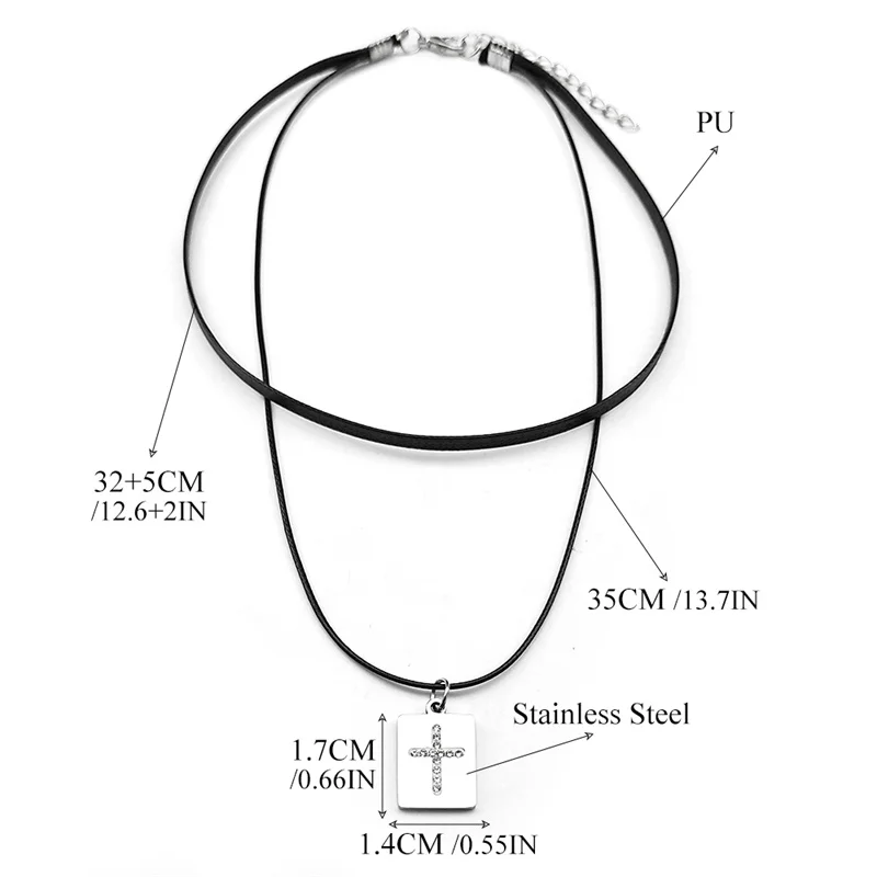 Gothic Square Crucifix Cross Stainless Steel Pendant Necklace for Women Vintage Black Wax Thread Rope Layers Chain Jewelry N8224