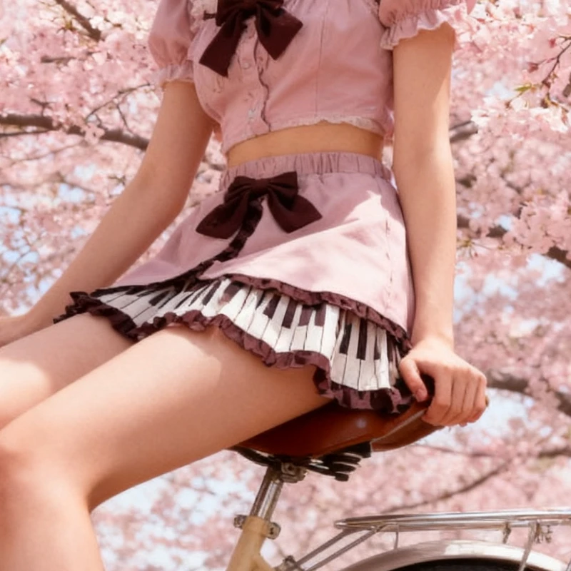 2025 Women's Sweet Piano Print Lolita Skirt - Pink A-Line Mini Skirt with Bow & Ruffle Trim, Cute  Streetwear for Spring Summer