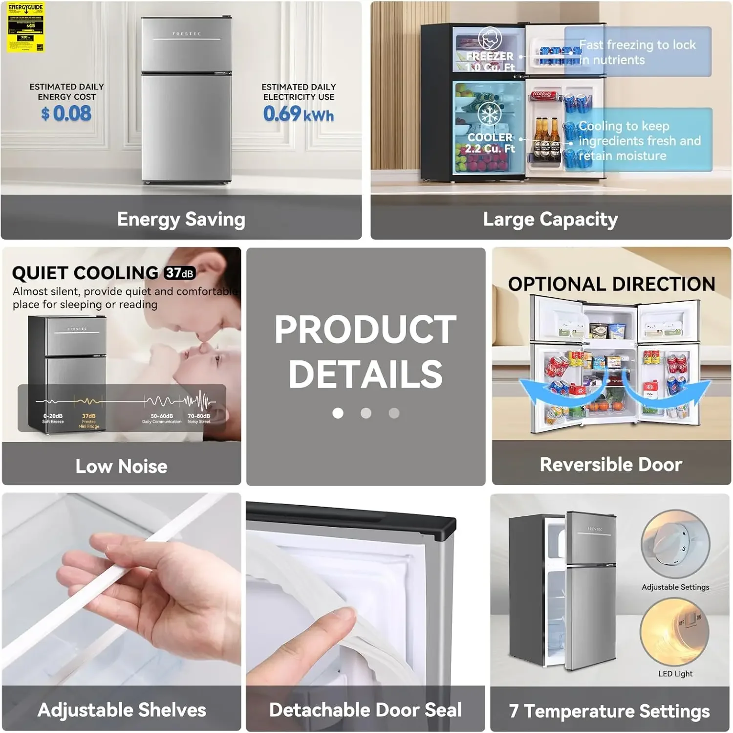 3,2 Cu.Ft. Мини-холодильник с морозильной камерой, 2-дверный холодильник и морозильная камера, небольшой холодильник для спальни, домашнего офиса, общежития, небольшой охл для напитков