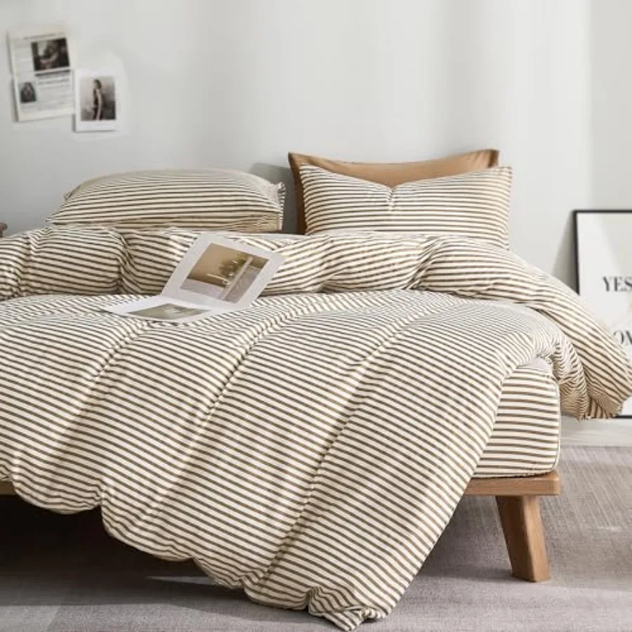

100% Natural Cotton 3pcs Striped Duvet Cover SetsWhite with Khaki Stripes Pattern Printed Comforter Cover with Zipper Closure a