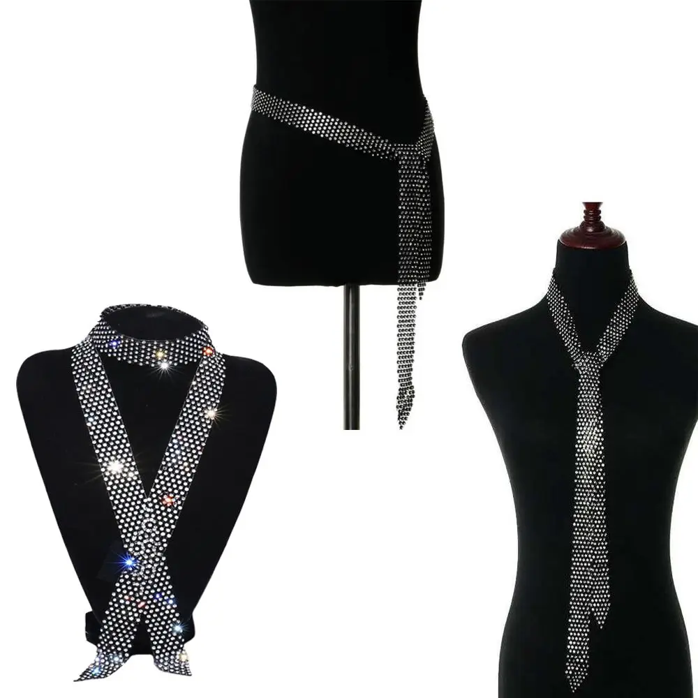 90/130/150cm Rhinestone Tie Black/White Long Necktie Hollow Out Shiny Dazzling Embellished Tie