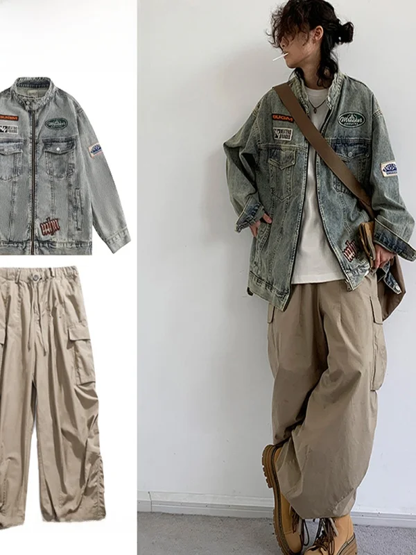 

Комплект из двух предметов: ретро-куртка из денима с вышивкой в японском уличном стиле, свободная верхняя одежда для мужчин и женщин, весна-осень