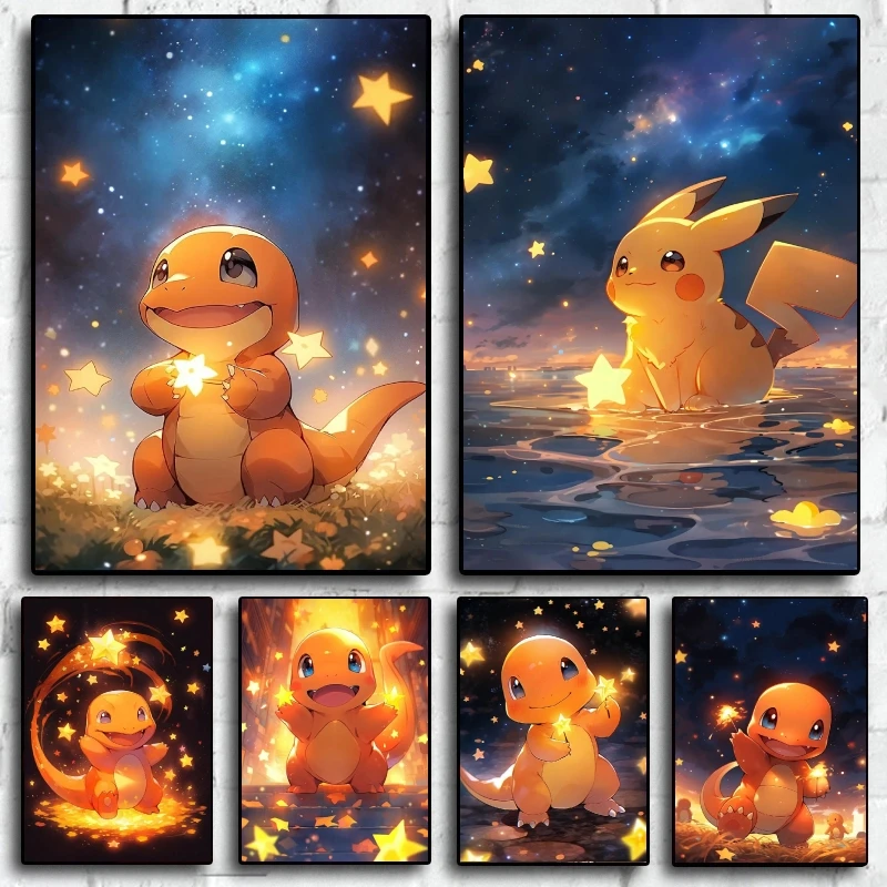 

Canvas Posters Pokemon Charmander Pikachu Room Home Wall Stickers Cuadros Best Gift Modular Print Decoration Painting Kid Action