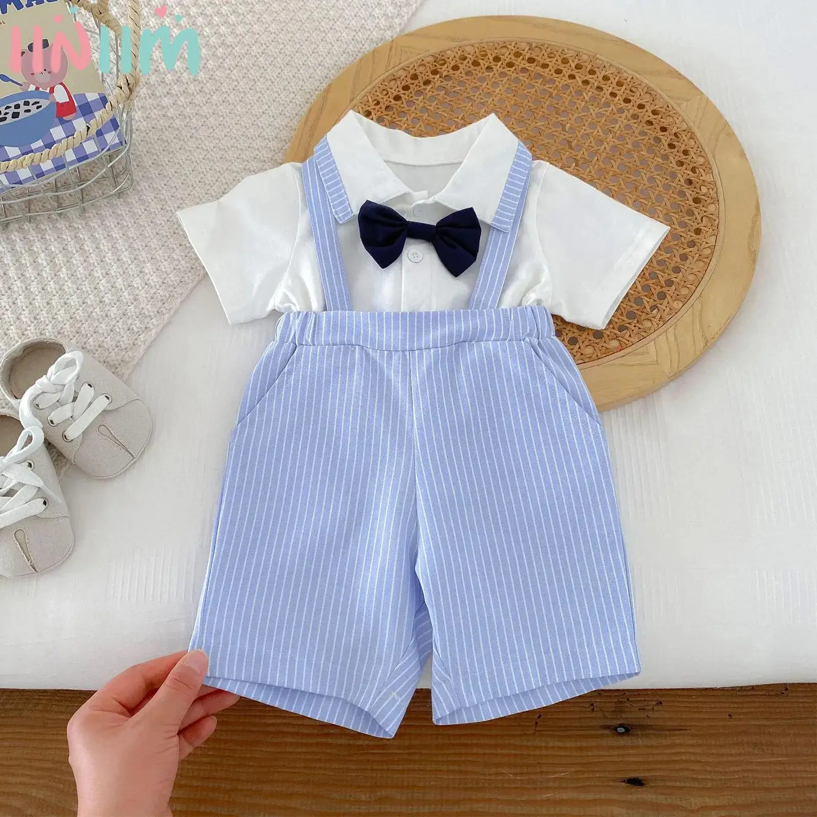 

Baby Boys Christening Gentleman Suit Short Sleeves Lapel Bowtie Tops with Suspender Shorts Birthday Wedding Party Formal Outfit