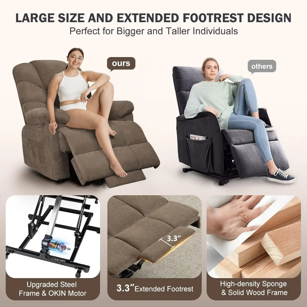 Large Power Lift Recliner Chair with Heated and Massage for Elderly, Chenille Lift Chairs for Living Room with Extended Footrest