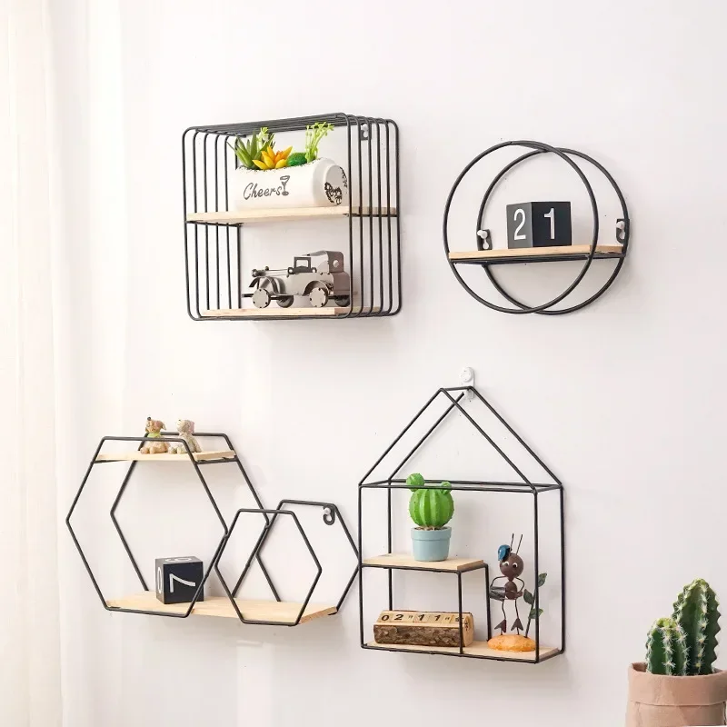 Wrought iron wall rack bedroom wall  hanging decoration room wall punching-free ornaments storage rack