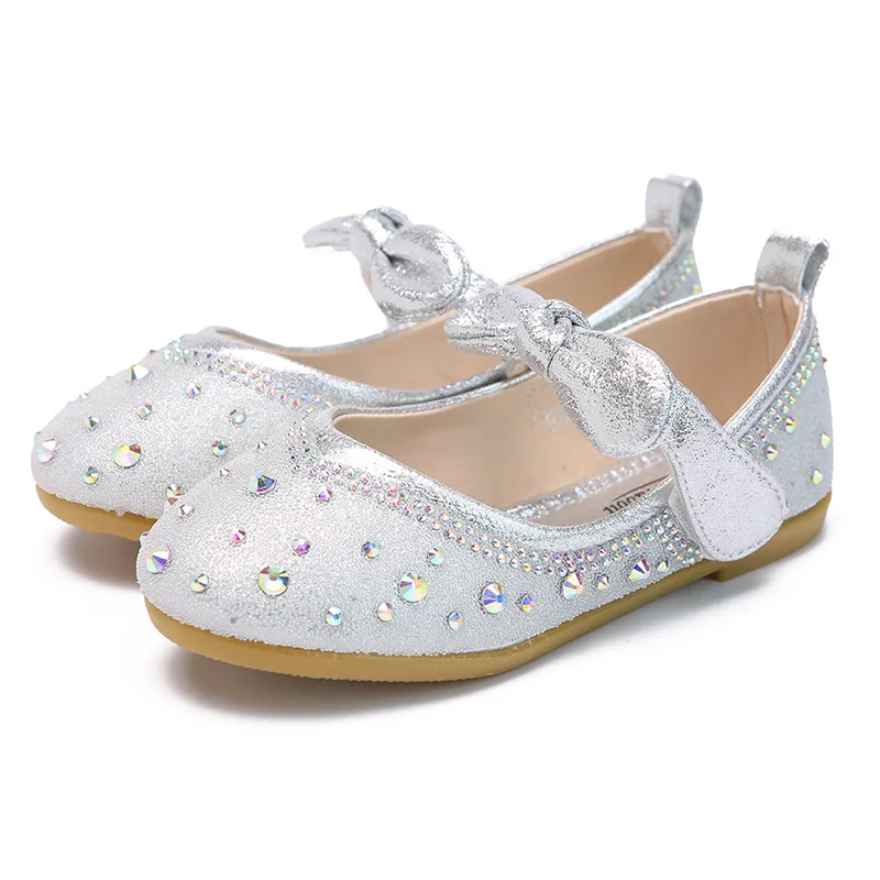 Girls Princess Shoes Children's Shoes Children's Show Flashing Diamond Silver Shoes Girls Fashion Dress Crystal Leather Shoes