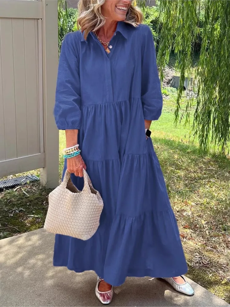 

Women Casual Loose Lapel Mid-sleeved Large Swing Dress 2025 Autumn Loose Folded Large Hem Elegant Seven-quarter Sleeve Vestidos