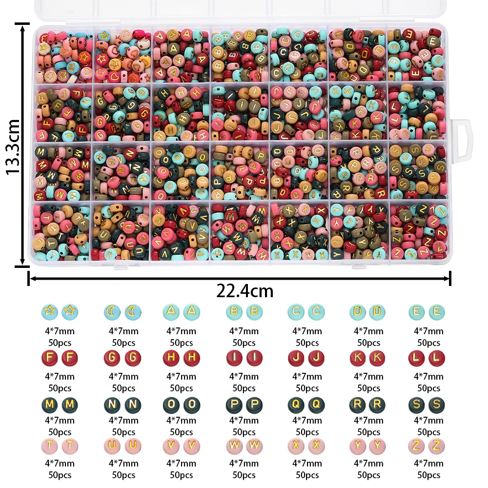 1400 pçs 7mm contas de letras a-z alfabeto acrílico contas kit coração contas para diy amizade pulseira jóias fazendo acessórios