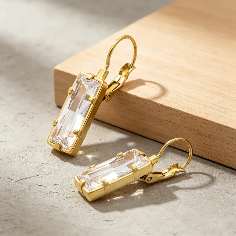 Gold Color Rectangle Zircon Dangle Hoop Earrings Clasp Hook Drop Earrings Elegant Women Wedding Party Fashion Jewelry Gift