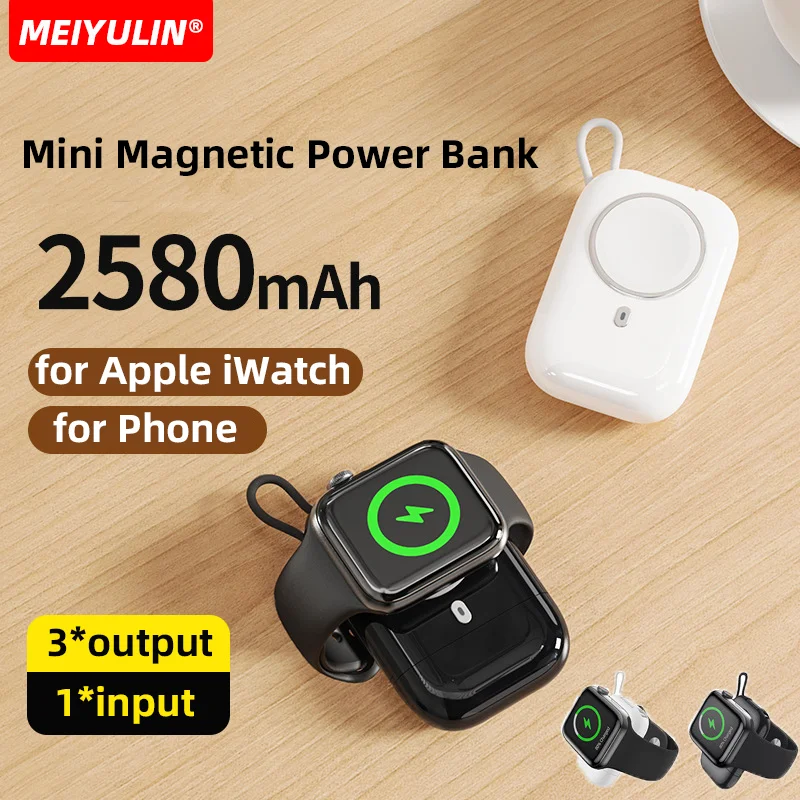 Magnetyczna bezprzewodowa ładowarka Mini Power Bank do Apple Watch 2580 mAh Przenośna zewnętrzna zapasowa bateria typu C do iWatch iPhone