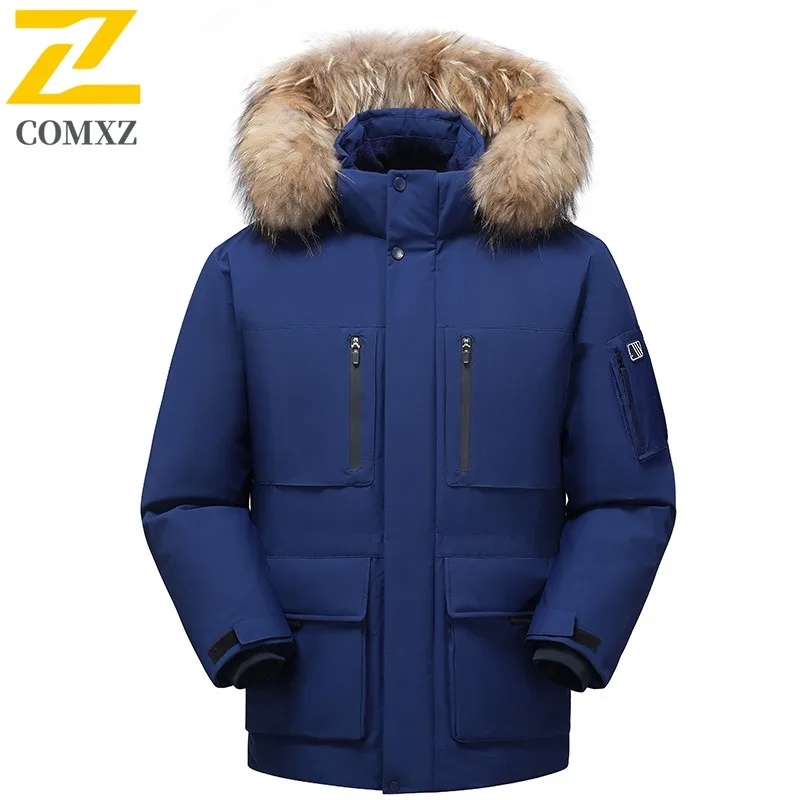 سترة مبطنة للرجال من COMXZ، معطف فاخر بقلنسوة للتزلج في الهواء الطلق ومقاوم للبرد، نمط يومي بسيط، ملابس شتوية خفيفة الوزن للرجال